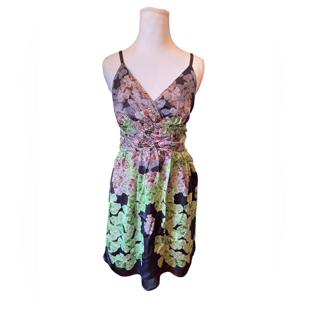 Y2K Floral Mini Dress Medium Ruched Waist V-Neck Strappy Multicolor Cottagecore